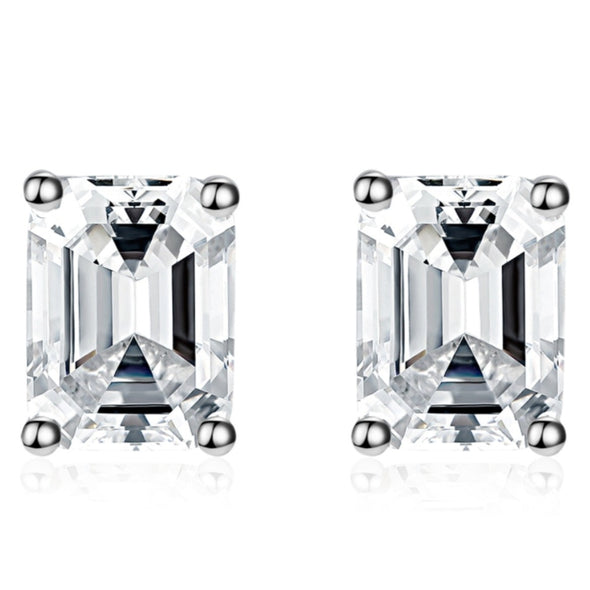 Emerald Cut Stud Earrings In Sterling Silver