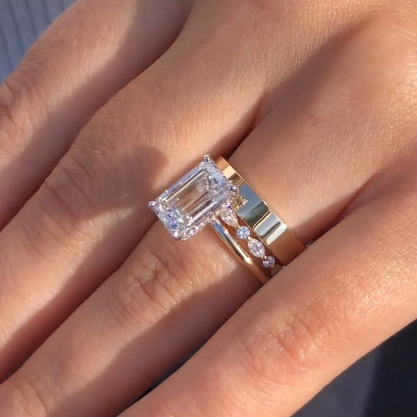 3PCS Golden Tone Emerald Cut Plain Matching Band Bridal Set