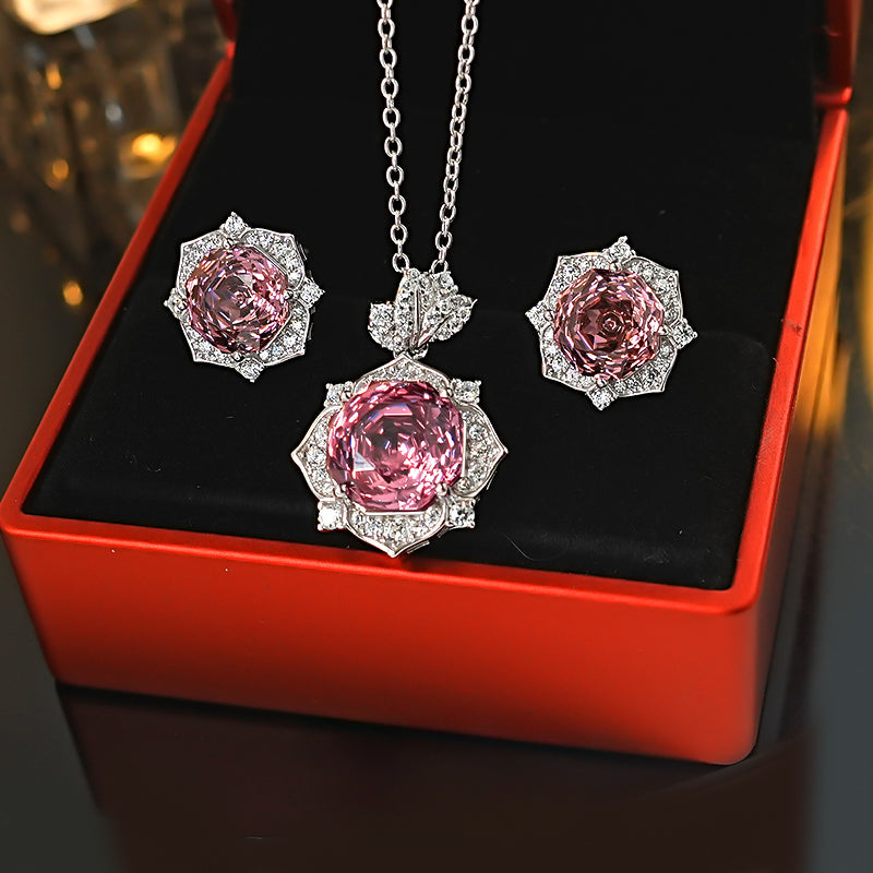 Pink Flower Design Sterling Silver Stud Earrings