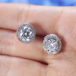 D Color Moissanite Round Cut Halo Design Sterling Silver Stud Earrings