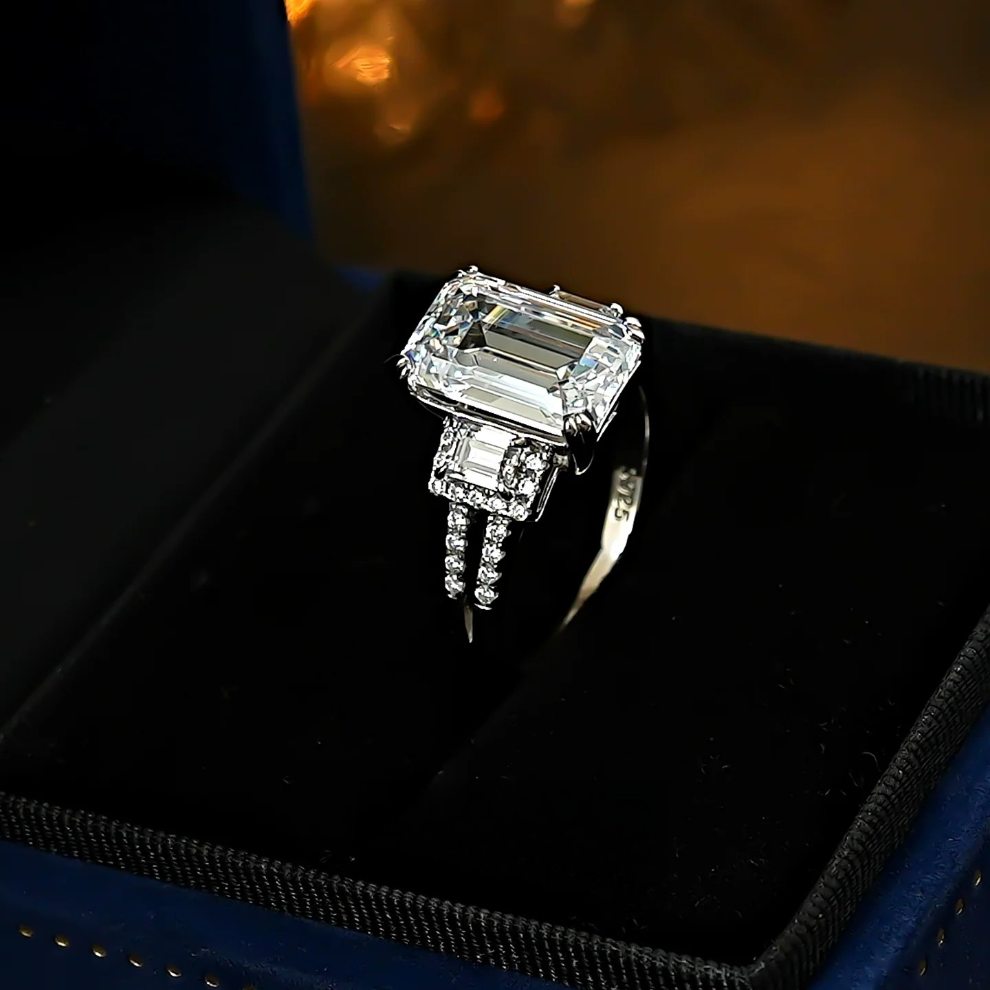 Emerald-Cut Three-Stone Engagement Ring in 925 Sterling Silver