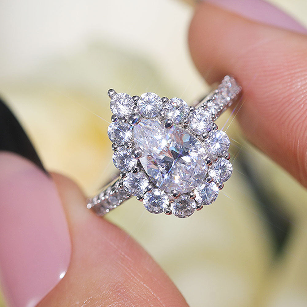Stunning Pear Cut Halo Design Sterling Silver Engagement Ring