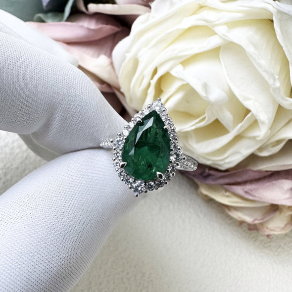 Unique 2.2ct Emerald Green Pear Cut  Sterling Silver Engagement Ring