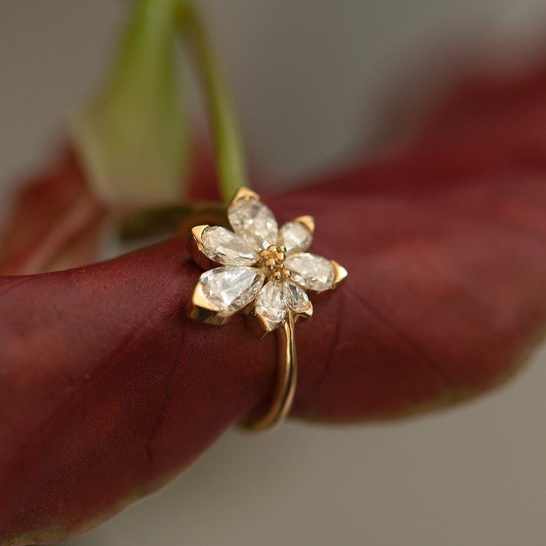 Pear Cut Flower Design Asymmetric Blossom Engagement Ring