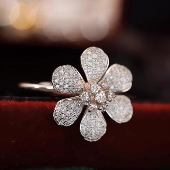 Six-petal Flower Engagement Ring in Sterling Silver