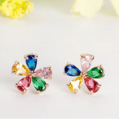 Rose Gold /18K White Gold Plated Sterling Silver Colorful Five-petal Flower Earrings Stud