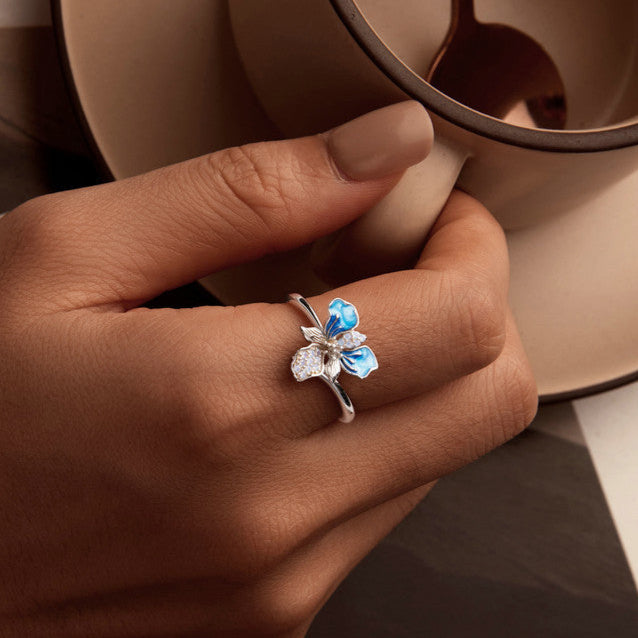 Blue Iris Sterling Silver Adjustable Ring ¨C Enamel & White Gold Plated