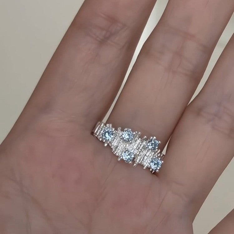 Irregular Wrinkle Blue Stone Open Ring In Sterling Silver