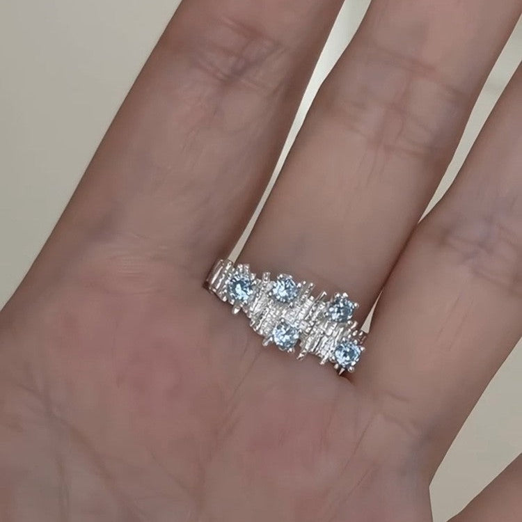 Irregular Wrinkle Blue Stone Open Ring In Sterling Silver