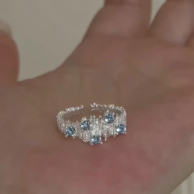Irregular Wrinkle Blue Stone Open Ring In Sterling Silver