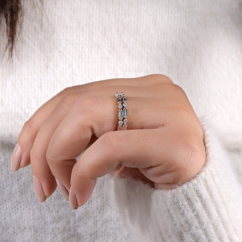 Emerald Cut & Round Cut Alternating Sterling Silver Wedding Band Set