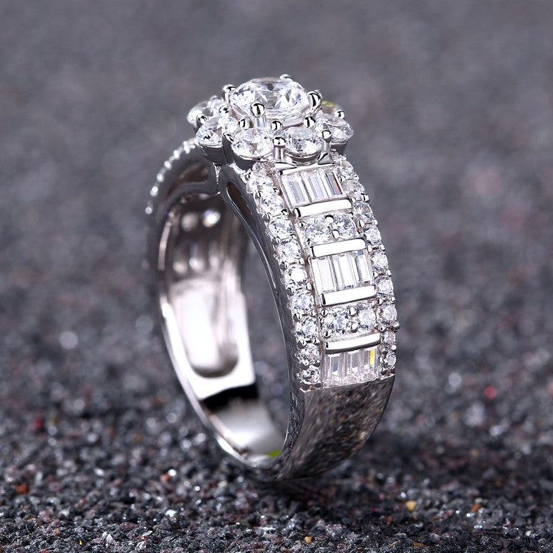 Vintage Flower Design Halo Round Cut Sterling Silver Engagement Ring