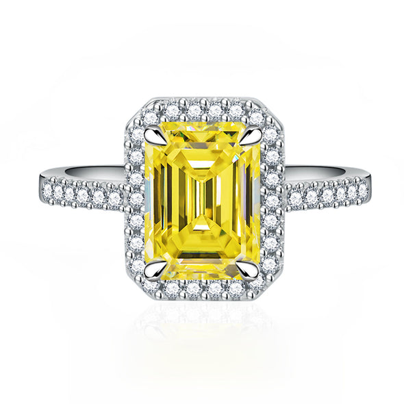 Multi-Color Halo Emerald Cut Engagement Ring In Sterling Silver