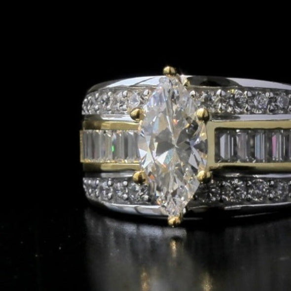 Three Row Marquise Cut Gold Accent Two Tone  Engagement Ring