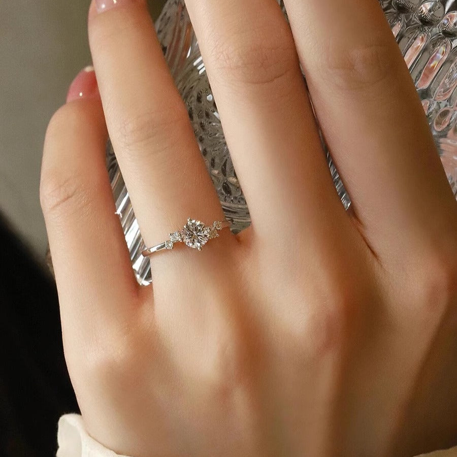 1CT Round Cut Lunaire Cluster Moissanite Engagement Ring in Sterling Silver