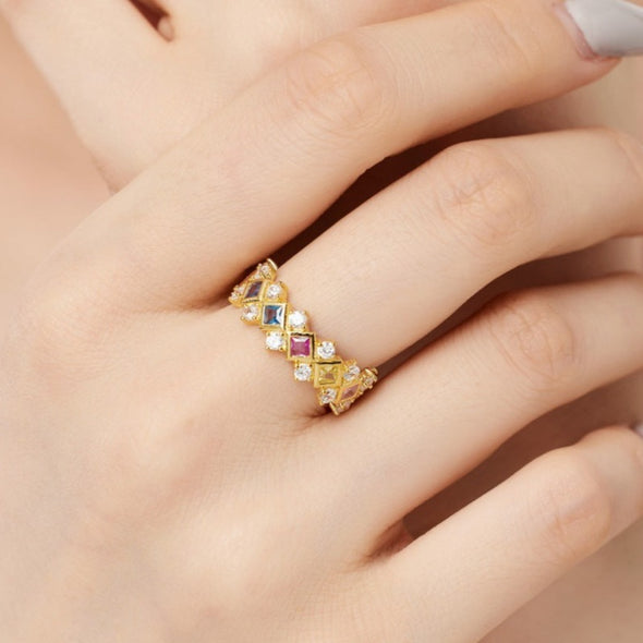 Golden Tone Multi-Color Stone Wedding Band