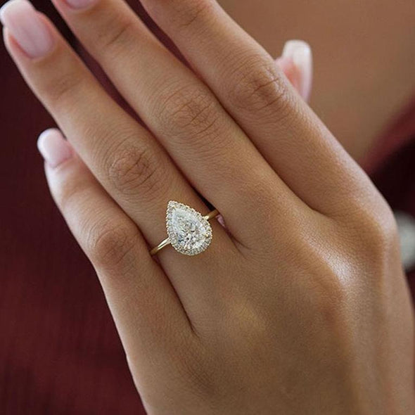 Halo Pear Cut  Golden Tone Engagement Ring