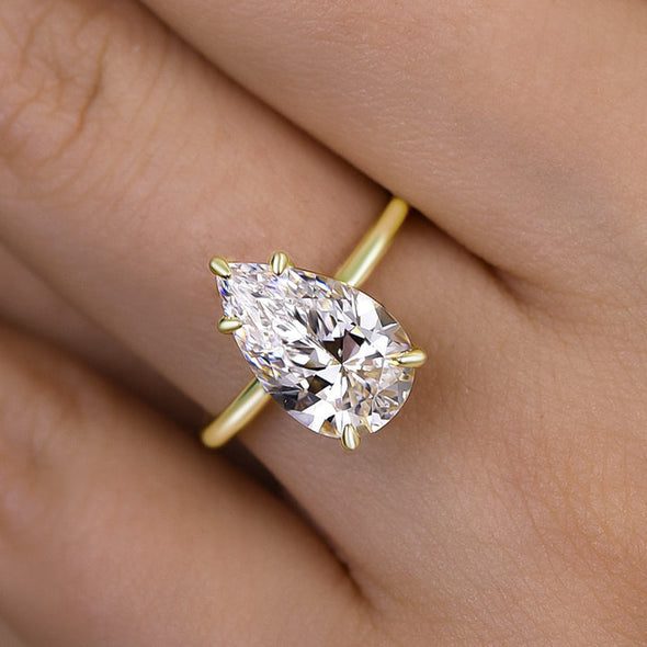 Classic Solitaire Pear Cut  Golden Tone Engagement Ring