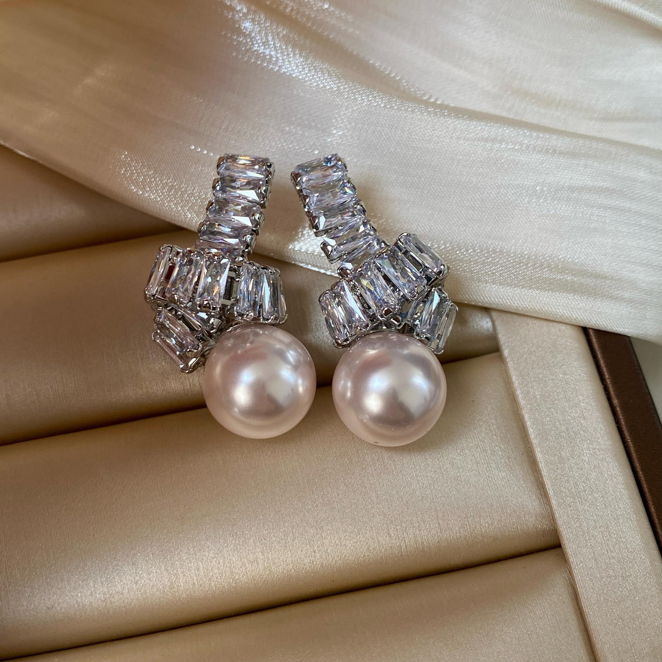 Elegant Pearl Drop Earrings with Baguette Stone Accents