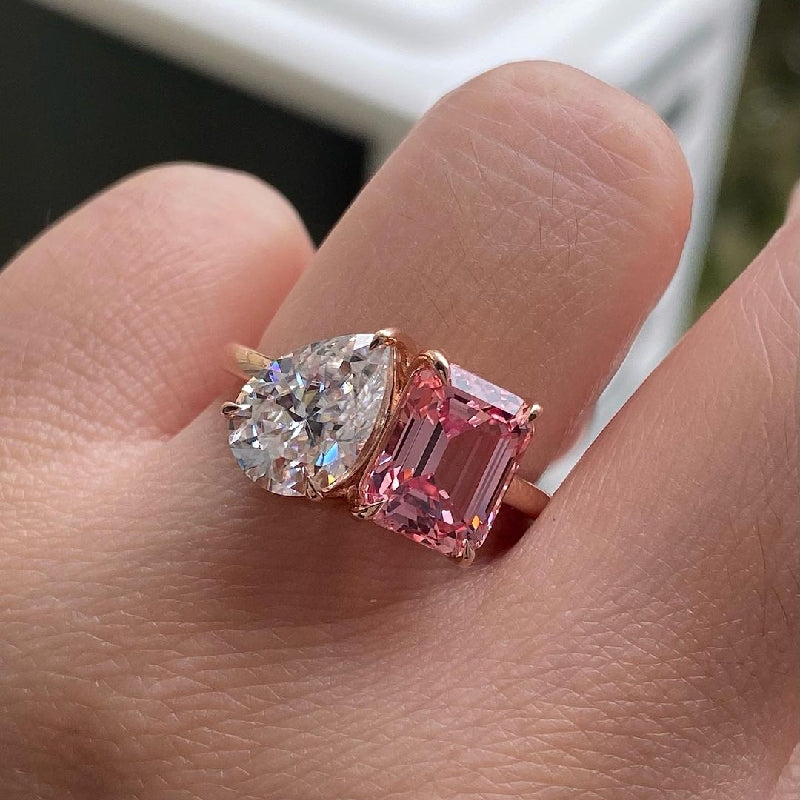 Two Stone Pear Cut & Emerald Cut Ring in Rose Gold/Golden Tone