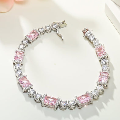 Radiant Cut Pink Gemstone Tennis Bracelet in Sterling Silver