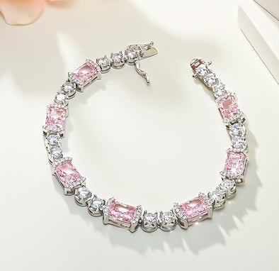 Radiant Cut Pink Gemstone Tennis Bracelet in Sterling Silver