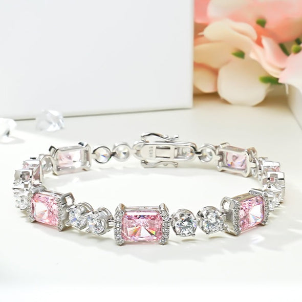 Radiant Cut Pink Gemstone Tennis Bracelet in Sterling Silver