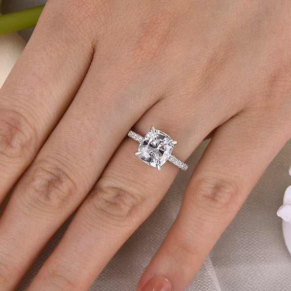 Classic 4 Prong Cushion Cut Engagement Ring In Sterling Silver