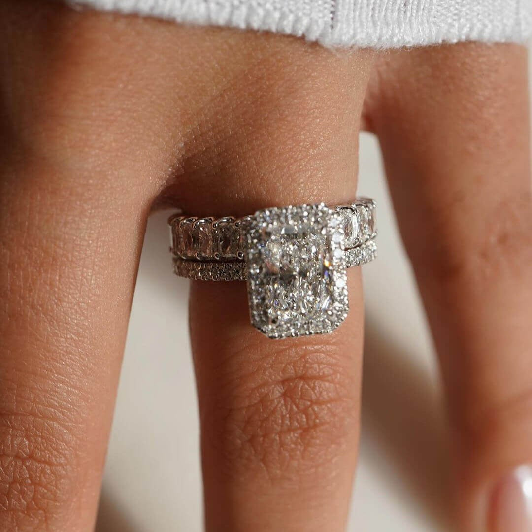 Radiant Cut Halo Engagement Ring & Eternity Wedding Band