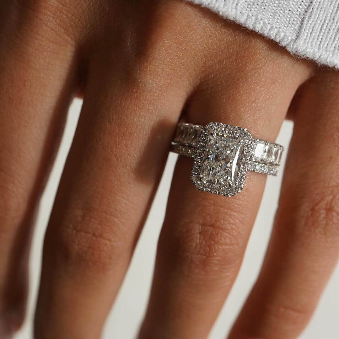 Radiant Cut Halo Engagement Ring & Eternity Wedding Band