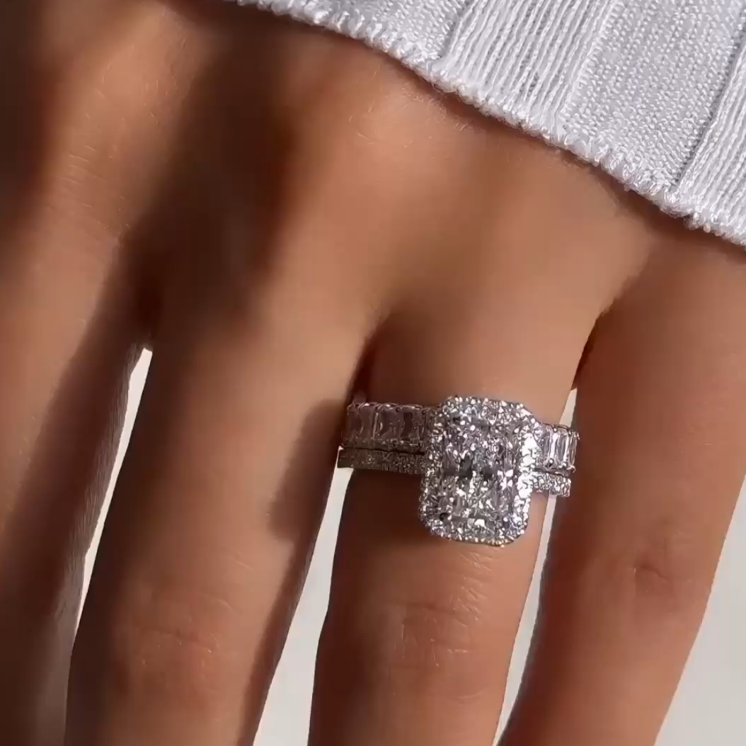 Radiant Cut Halo Engagement Ring & Eternity Wedding Band