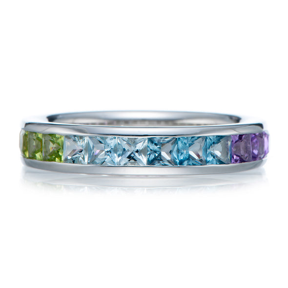 Rainbow Color Princess Cut Sterling Silver Wedding Band