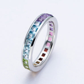 Rainbow Color Princess Cut Sterling Silver Wedding Band