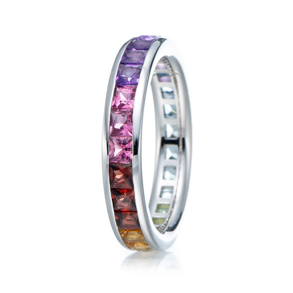 Rainbow Color Princess Cut Sterling Silver Wedding Band