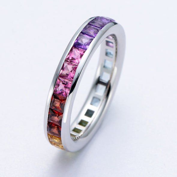 Rainbow Color Princess Cut Sterling Silver Wedding Band