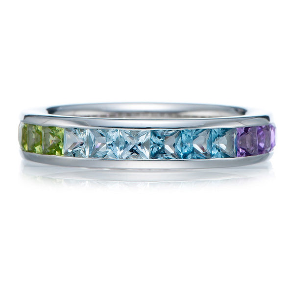 Rainbow Color Princess Cut Sterling Silver Wedding Band