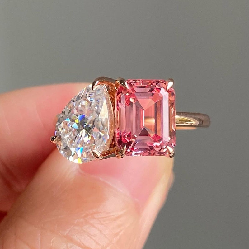 Two Stone Pear Cut & Emerald Cut Ring in Rose Gold/Golden Tone