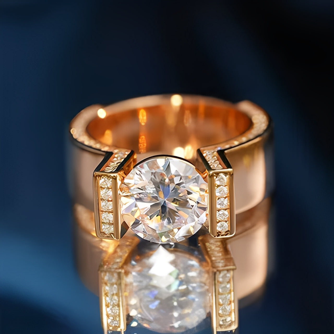 Round Cut Rose Golden Tension-set  Engagement Ring