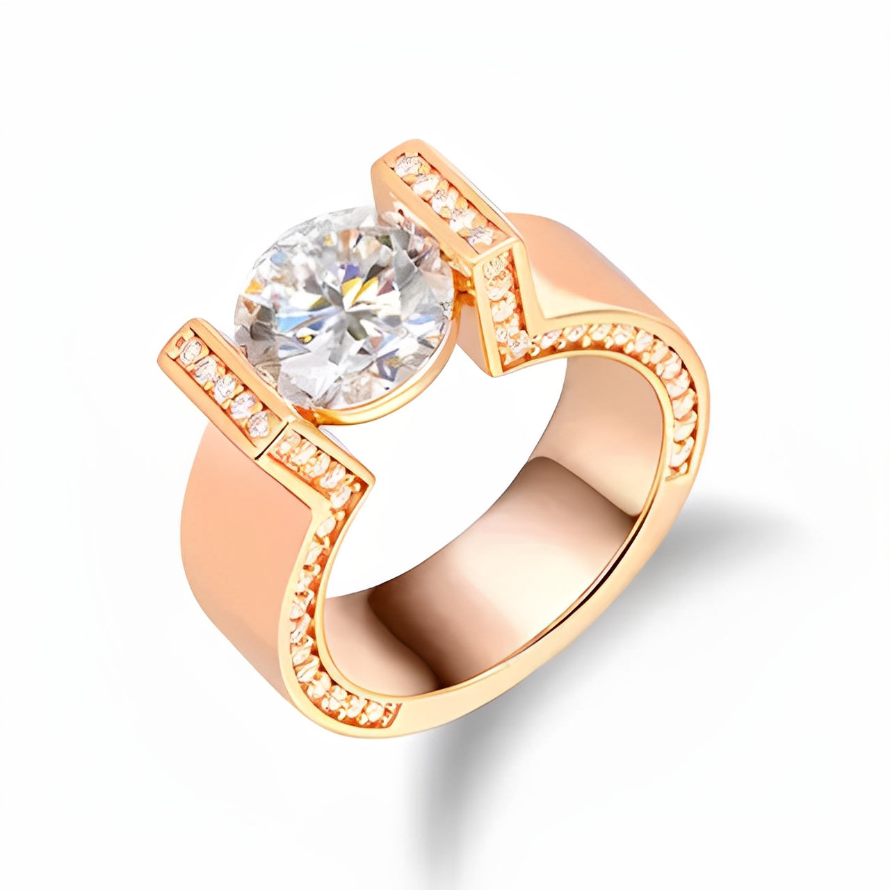Round Cut Rose Golden Tension-set  Engagement Ring