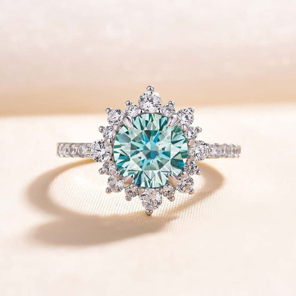 Snowflake Round Cut Cyan Blue Engagement Ring In Sterling Silver