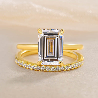 2pcs Gold Tone Emerald Cut Bridal Set Ring In Sterling Silver