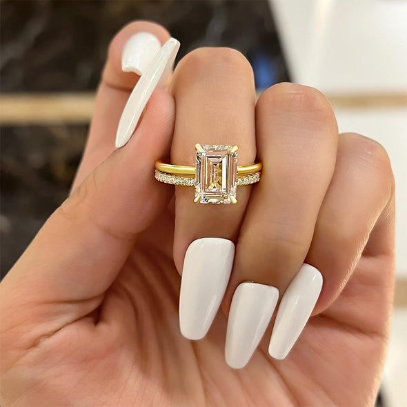 2pcs Gold Tone Emerald Cut Bridal Set Ring In Sterling Silver