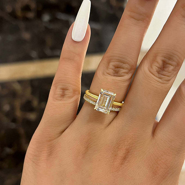 2pcs Gold Tone Emerald Cut Bridal Set Ring In Sterling Silver