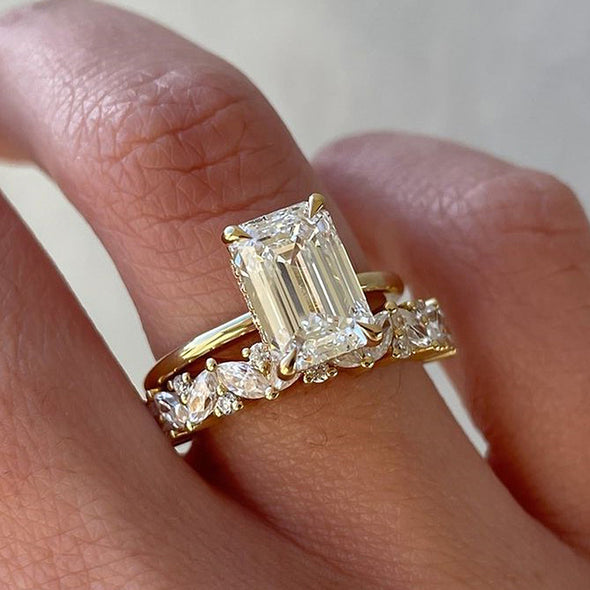 2pcs Gold Tone Emerald Cut Bridal Ring Set In Sterling Silver