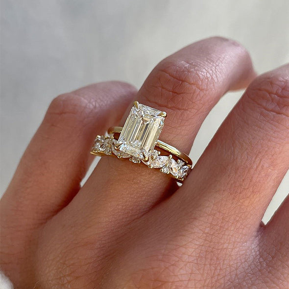 2pcs Gold Tone Emerald Cut Bridal Ring Set In Sterling Silver