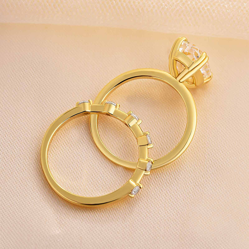 2Pcs Oval Cut Golden Tone Wedding Ring Bridal Set In Sterling Silver