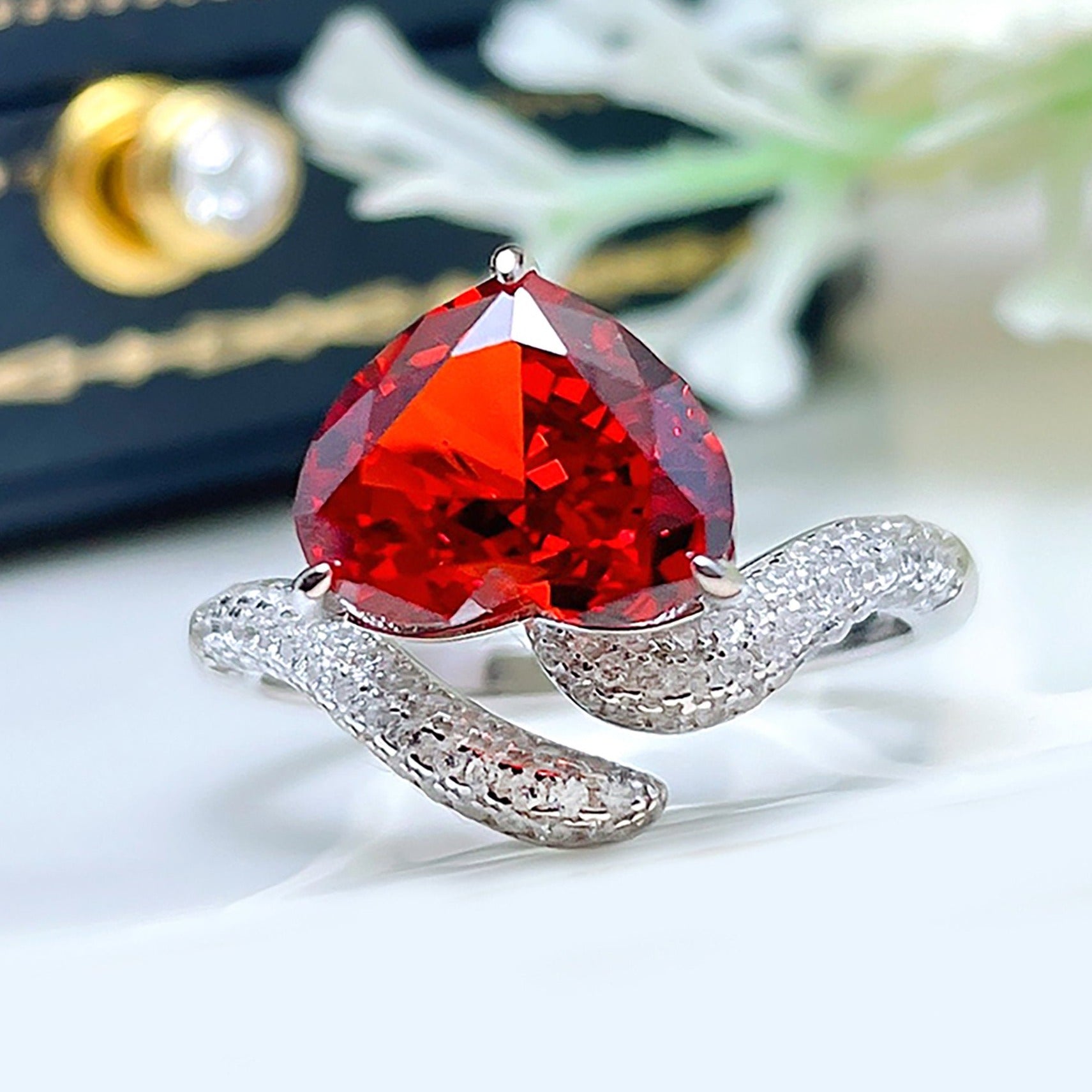 Heart Cut Red Ruby Engagement Wedding Ring in Sterling Silver