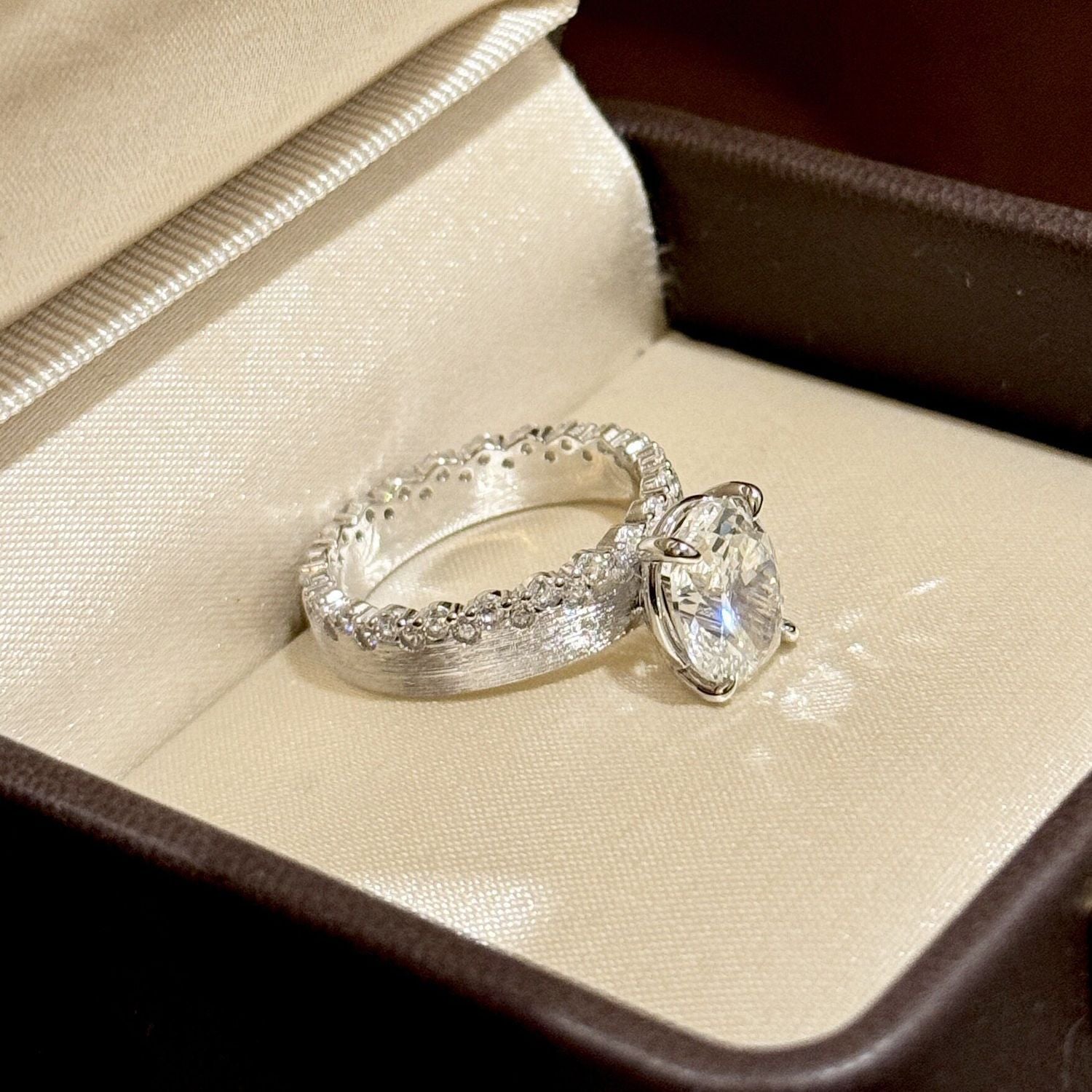 Elegant Textured Band & Side Stones Solitaire Oval Cut Sterling Silver Ring