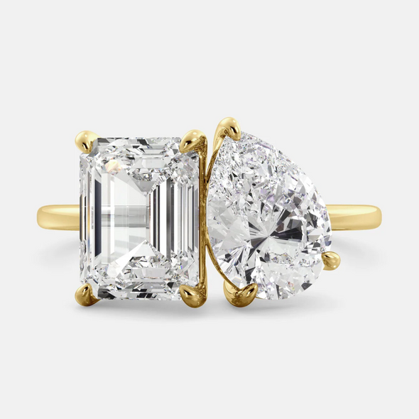 Two Stone Pear Cut & Emerald Cut Ring in Rose Gold/Golden Tone