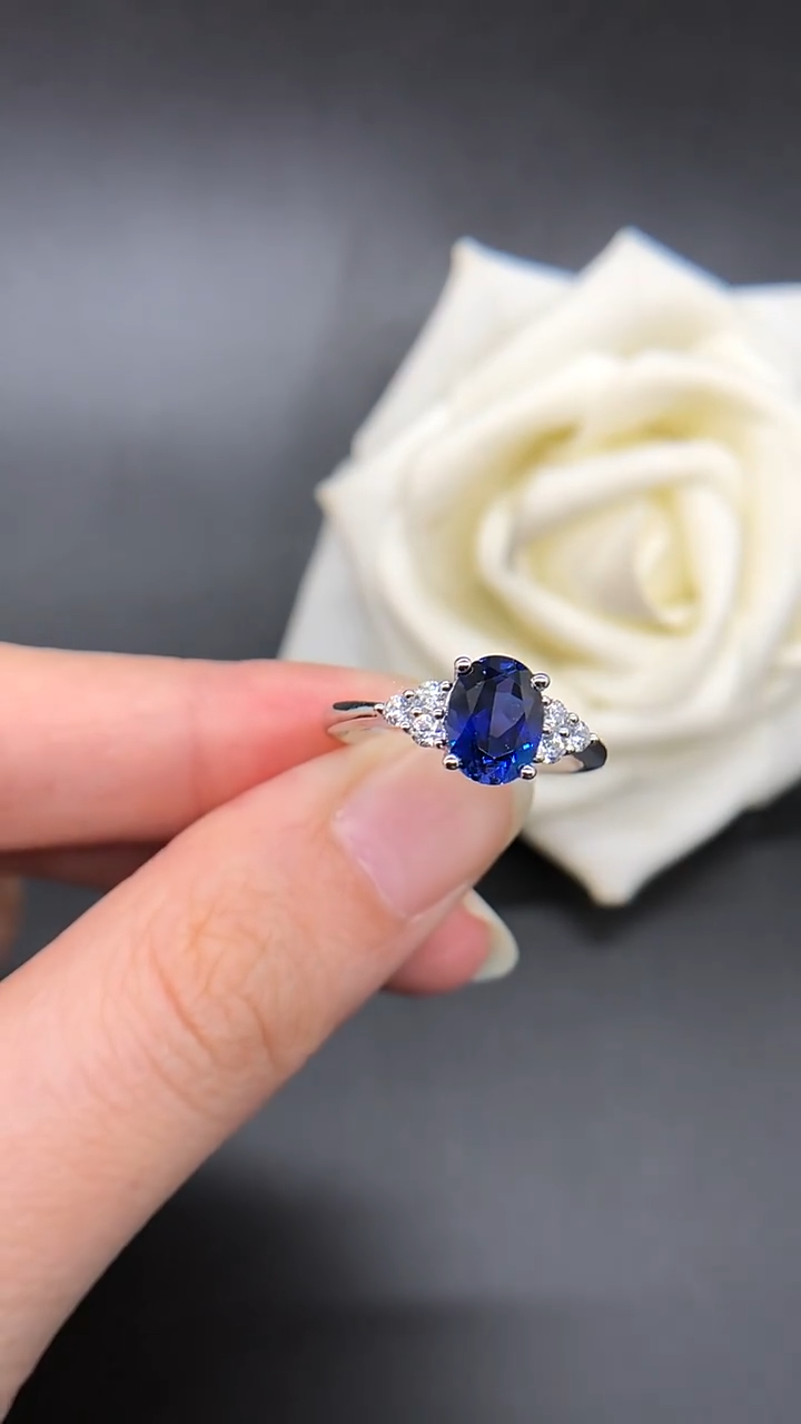 Blue Oval Cut Sterling Silver Ring